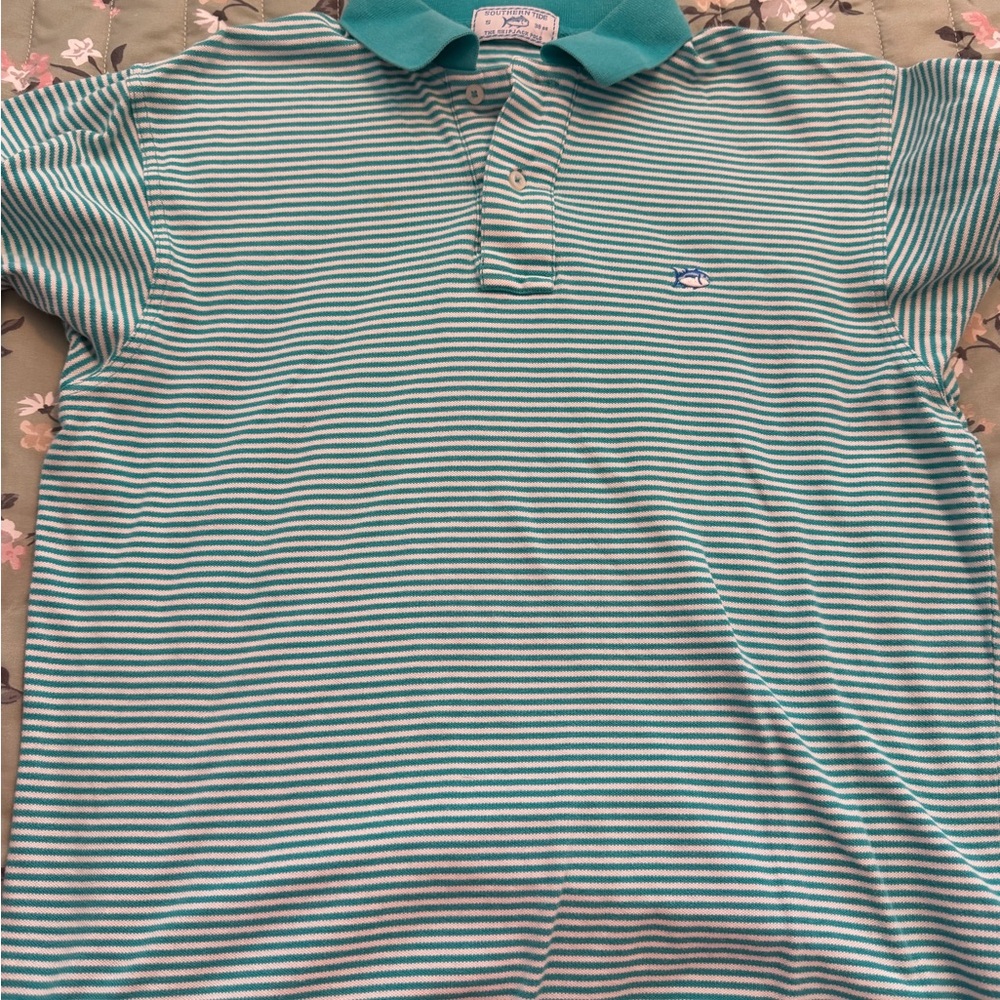 Southern Tide Teal and White Striped Polo